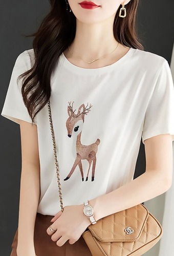 고급스러운 실크 수입 아기사슴 명품스타일 여성 반팔 티셔츠